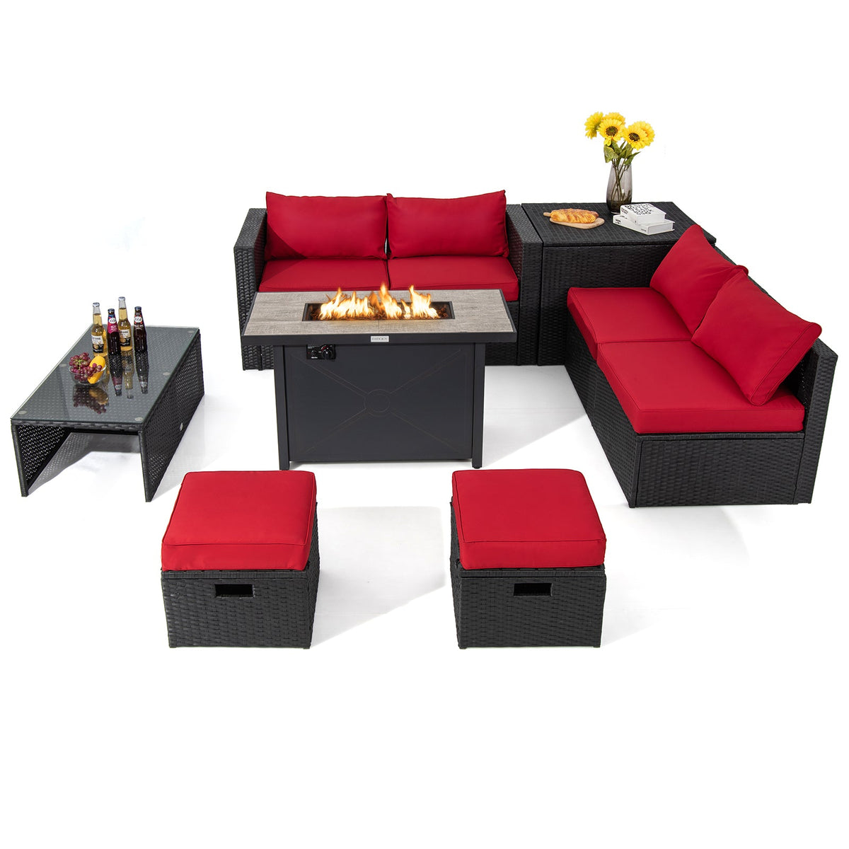 9-Piece Outdoor PE Rattan Sectional Sofa with 42-Inch Fire Pit