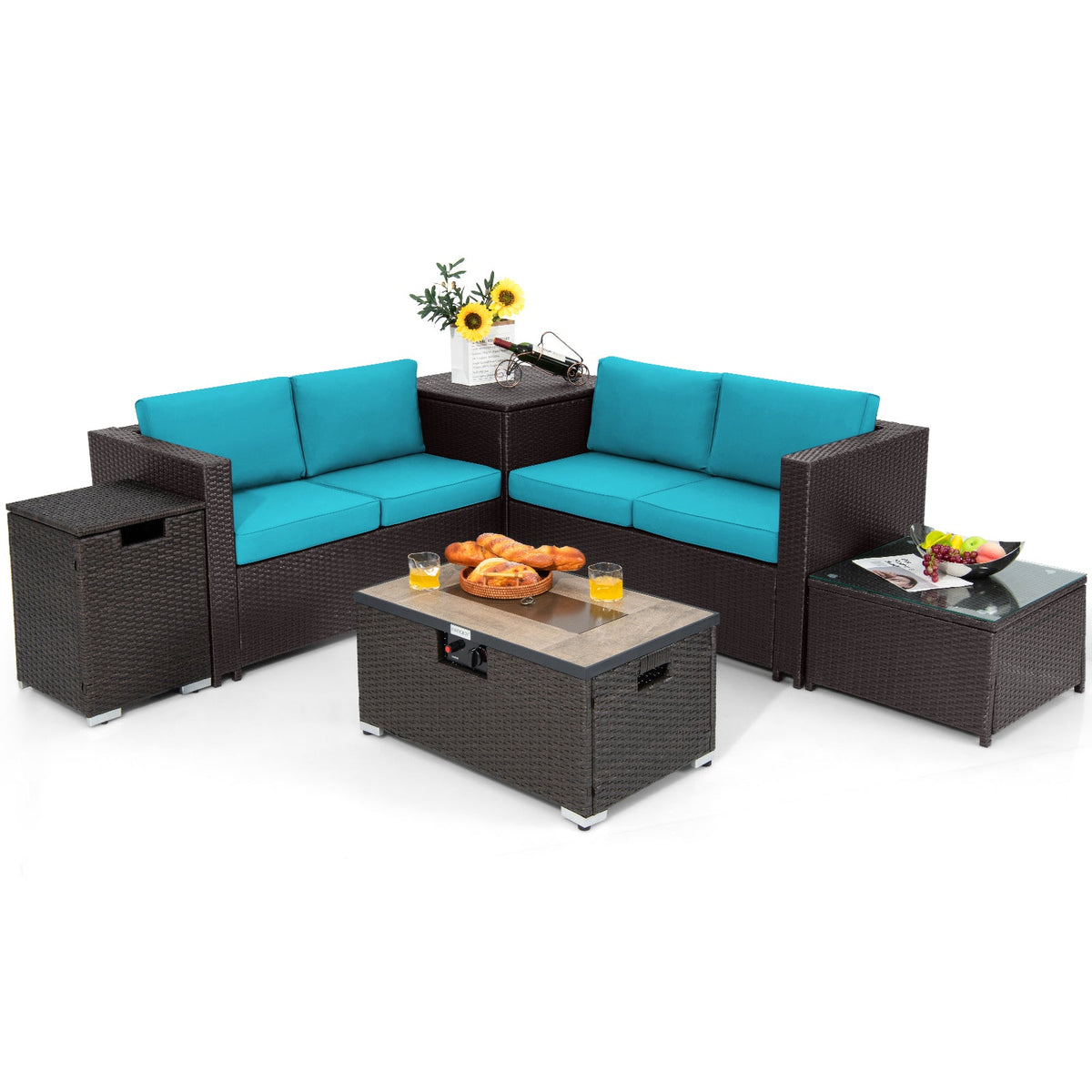 6-Piece Outdoor Wicker Furniture Set with 32-Inch Fire Pit Table
