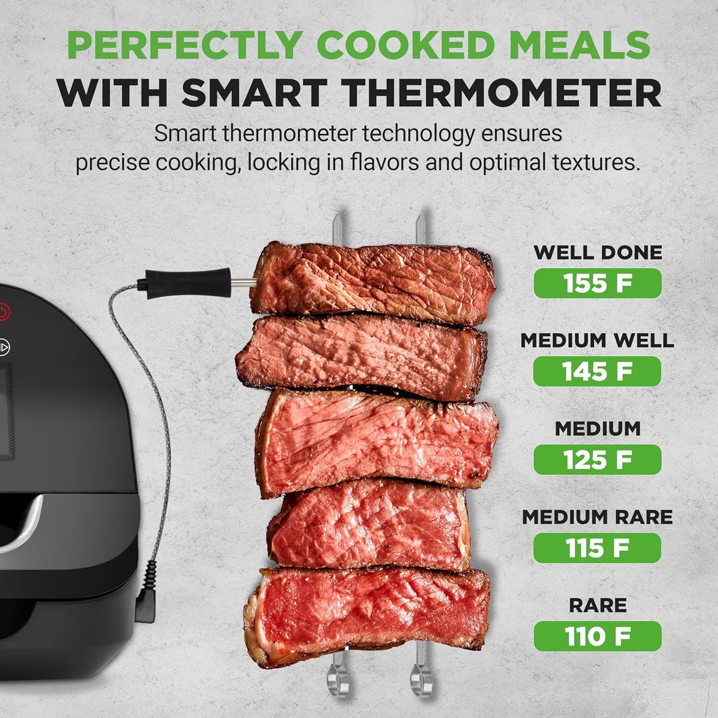 Indoor Smokeless Grill | Smart Grill & Air Fryer with 7 Cooking Functions | 6L Capacity | Includes Smart Thermometer | Precise Temperature Control | Non-Stick Removable Grill Plates