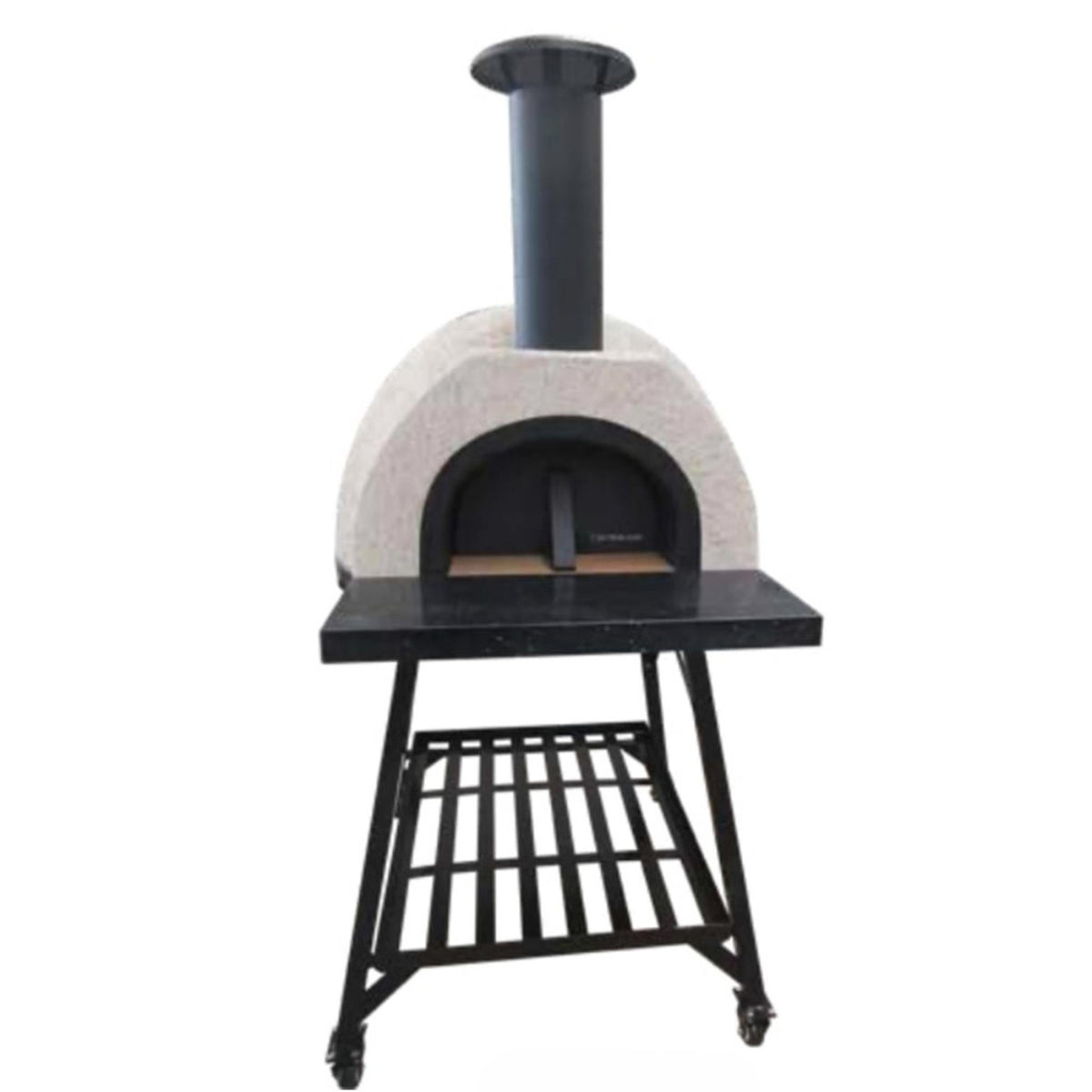 Wood-fired pizza oven with a stand on a white background