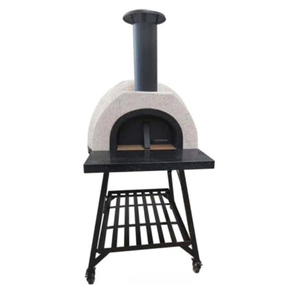 Wood-fired pizza oven with a stand on a white background