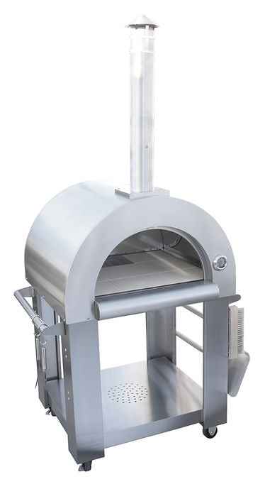 Stainless steel pizza oven on wheels with a white background