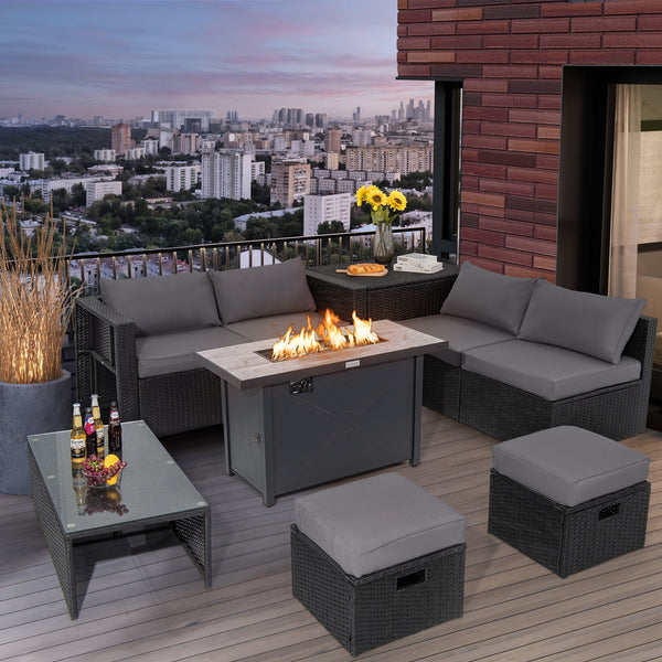9-Piece Outdoor PE Rattan Sectional Sofa with 42-Inch Fire Pit