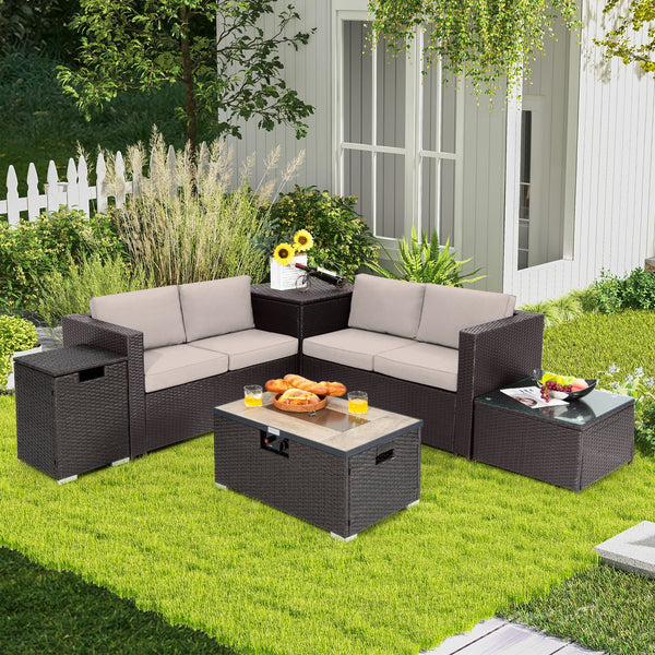 6-Piece Outdoor Wicker Furniture Set with 32-Inch Fire Pit Table