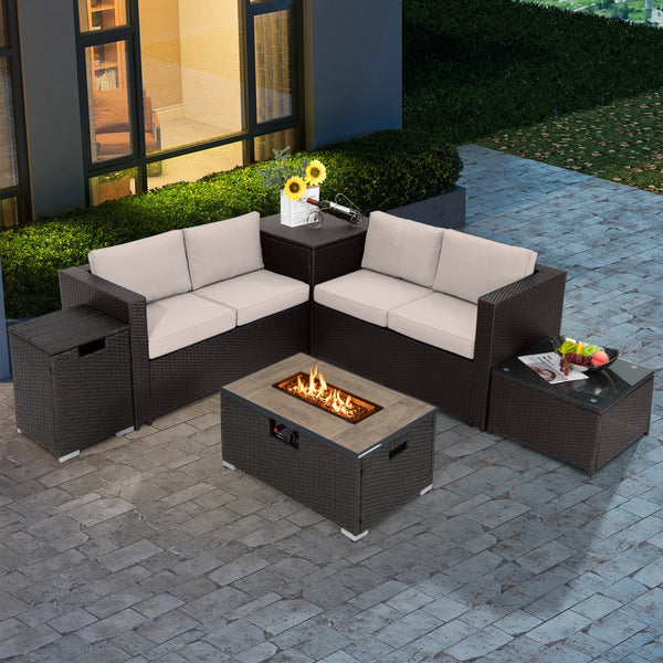 6-Piece Outdoor Wicker Furniture Set with 32-Inch Fire Pit Table