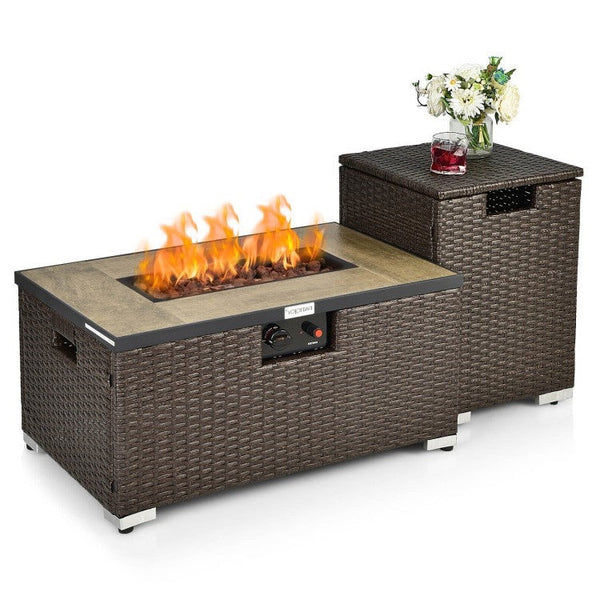 Outdoor Propane Fire Pit Table with Brown PE Rattan Side Table
