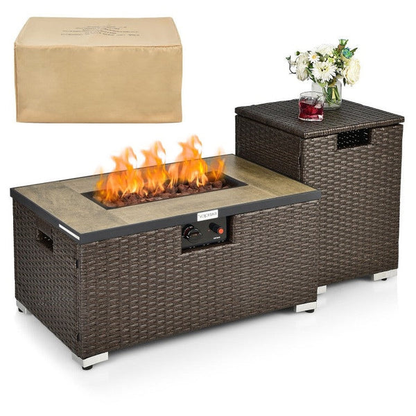 Outdoor Propane Fire Pit Table with Brown PE Rattan Side Table