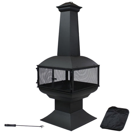 Large Black Steel Chiminea Wood-Burning Fire Pit, 57-Inch