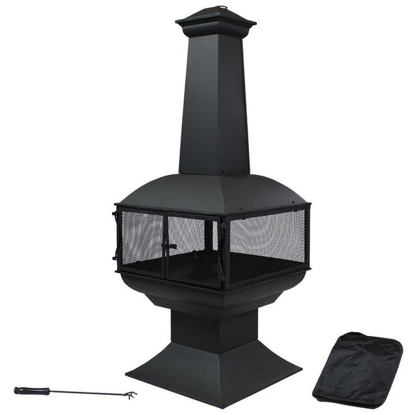 Large Black Steel Chiminea Wood-Burning Fire Pit, 57-Inch