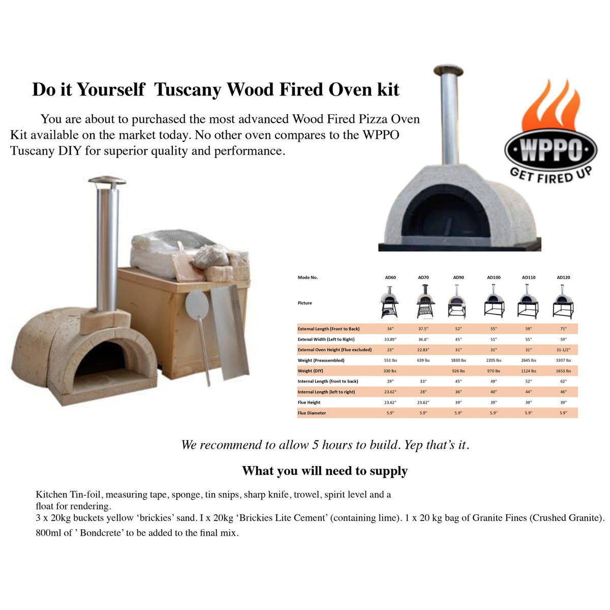 Wood-fired pizza oven kit with packaging and specifications on a white background