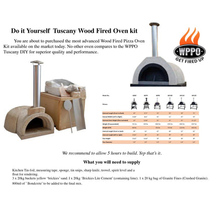 Wood-fired pizza oven kit with packaging and specifications on a white background