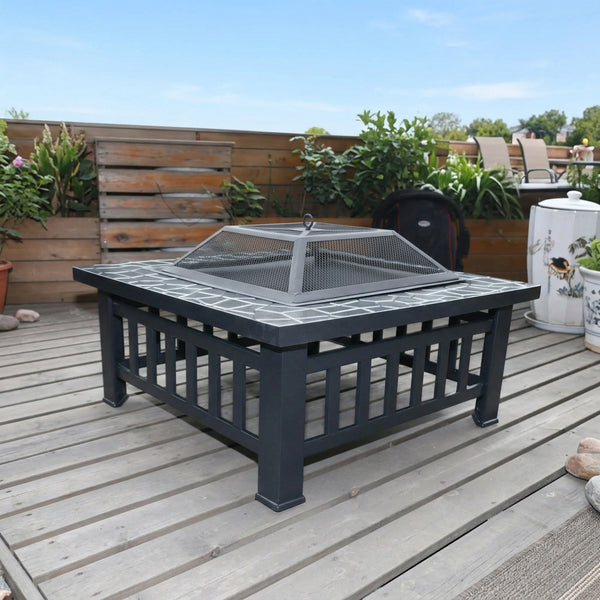 18-Inch Square Metal Outdoor Fire Pit with Mesh Screen
