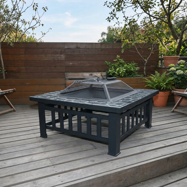 18-Inch Square Metal Outdoor Fire Pit with Mesh Screen